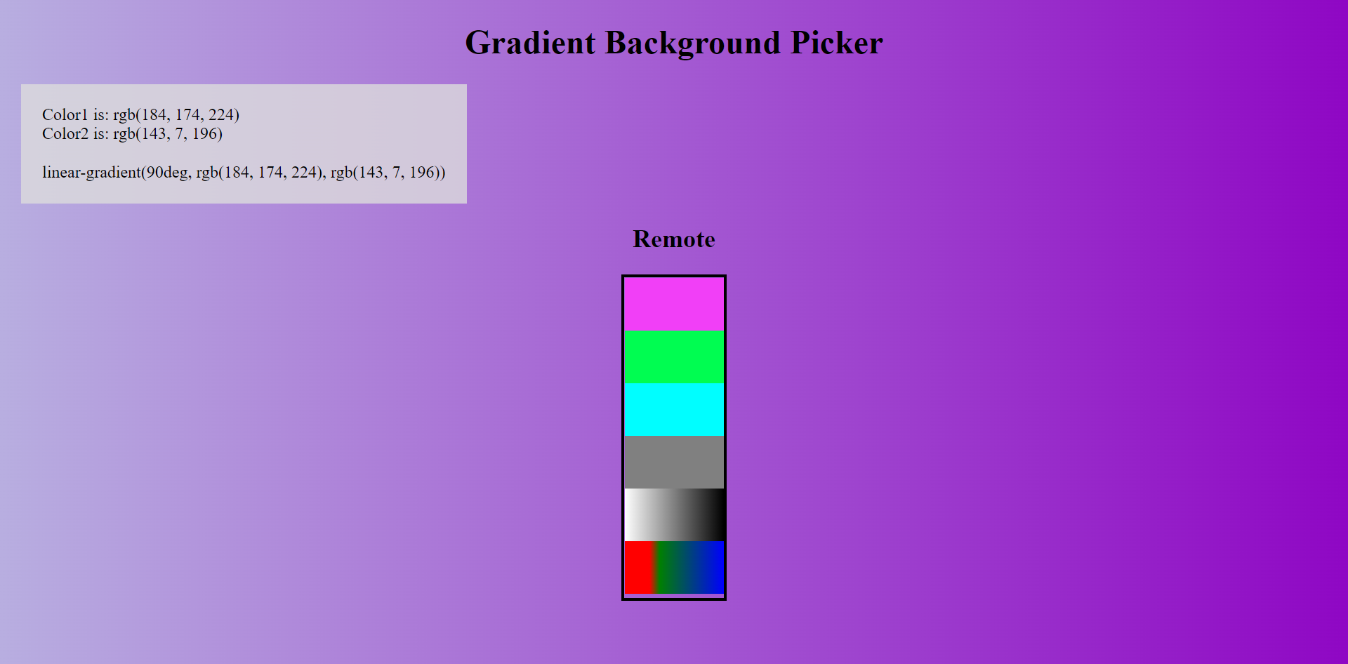 two random colors in a linear gradient, with a box displaying what rgb values generate that gradient