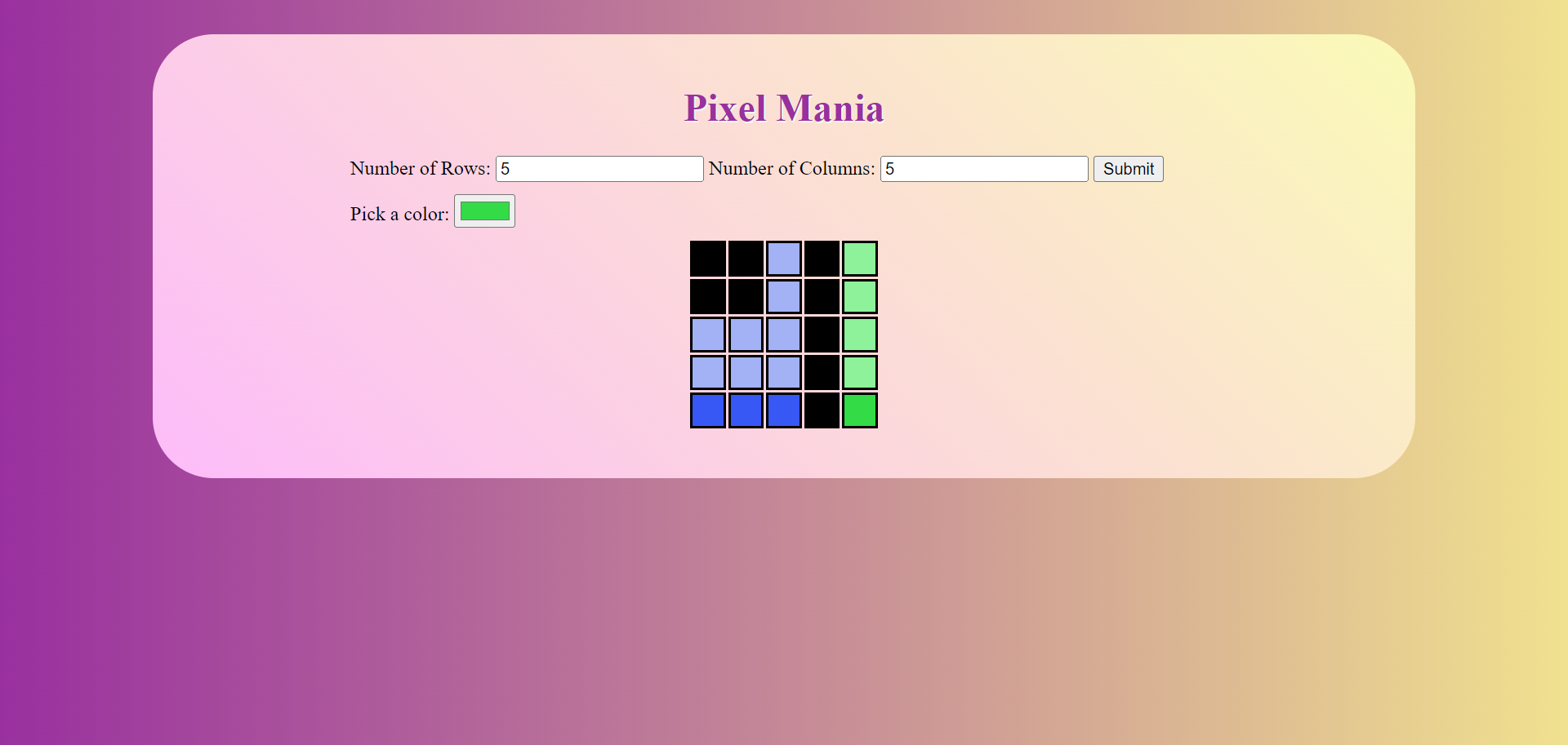 a pixel grid with inputs for rows and columns and color selector, has a gradient background