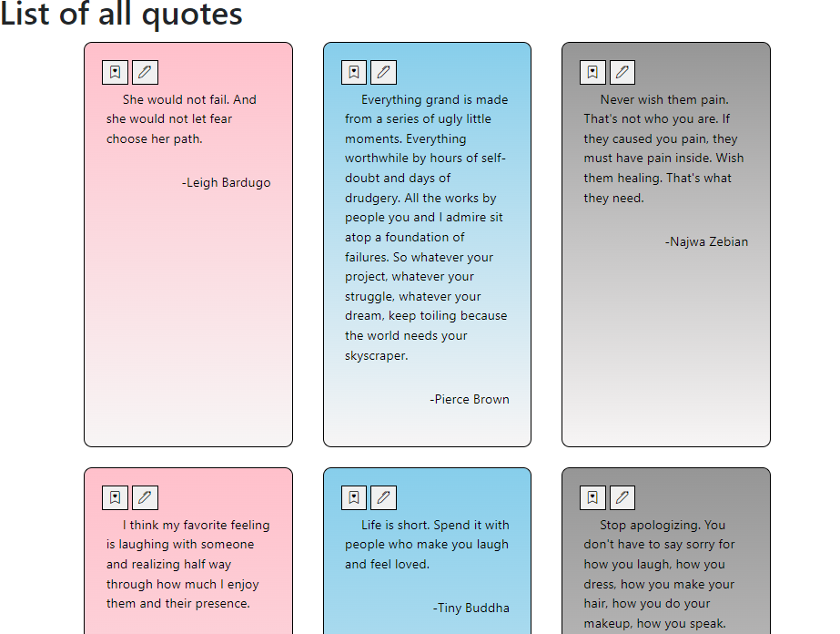 list of 6 quotes on a page with the author (and book for some) where the quote came from, with an option to add another quote, and with icons to favorite a quote and to add it to a writing list